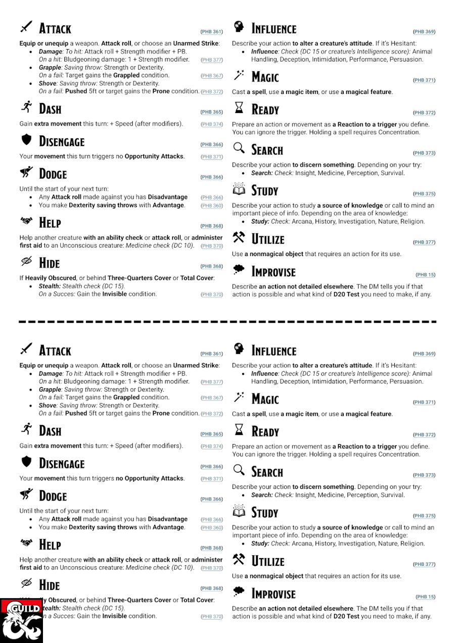 D D 5E Actions Cheat Sheet 2024 Dungeon Masters Guild Dungeon Masters Guild