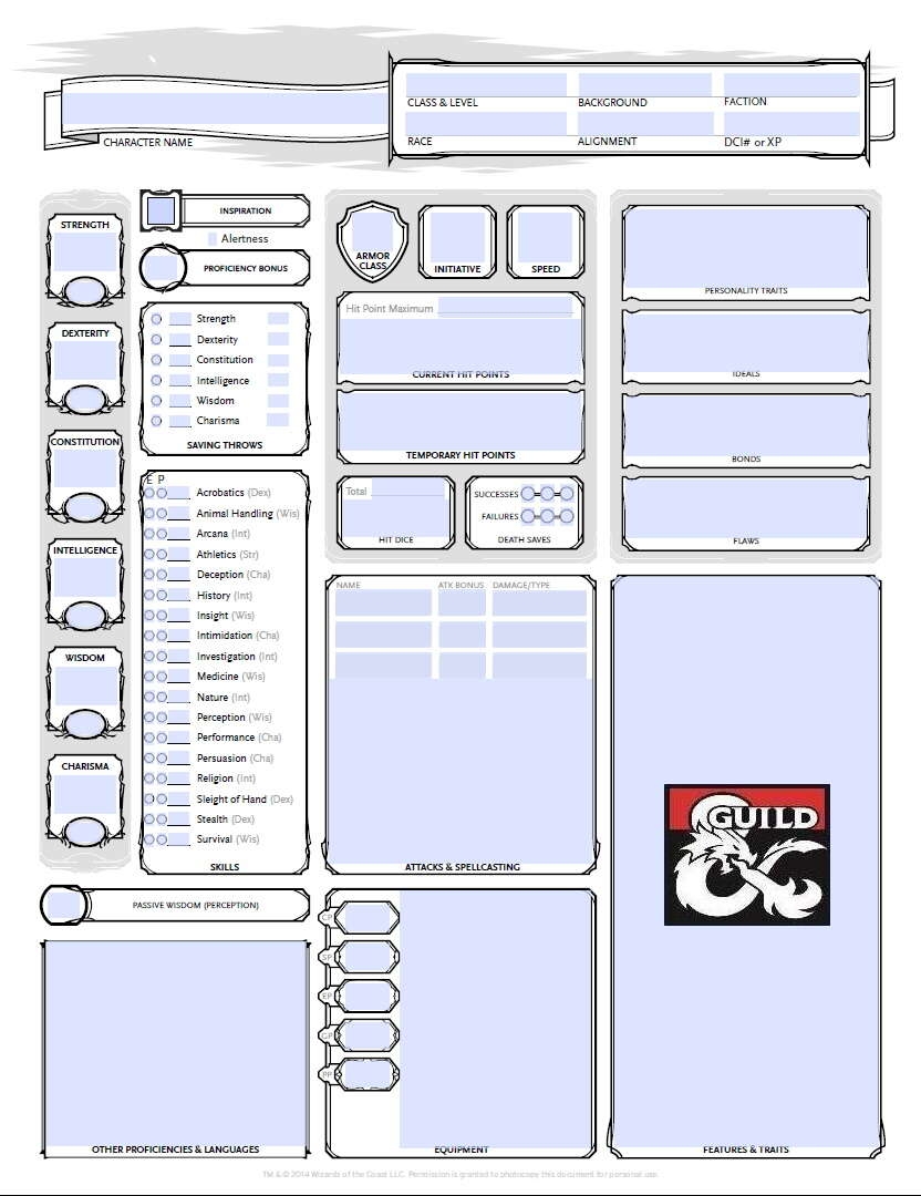 D D 5E Character Sheet editable fillable PDF Printer Friendly Auto Calculates Bonuses Dungeon Masters Guild DriveThruRPG