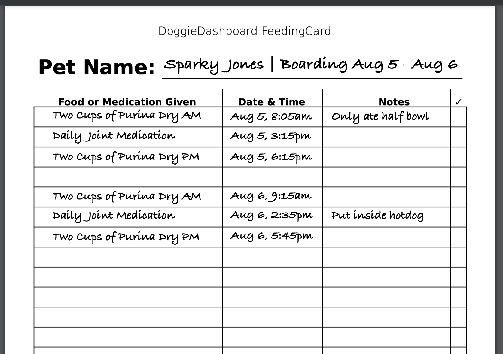Daily Feeding Spreadsheet For Dog Daycares And Kennels
