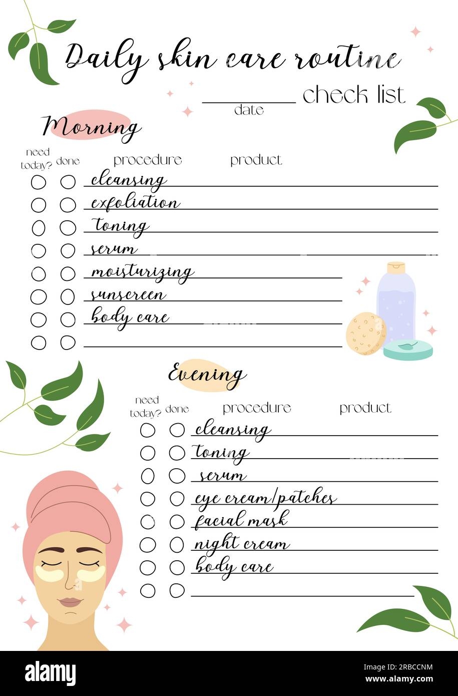 Daily Skin Care Routine Check List Self Care To Do Planner Vector Template With Cute Hand Drawn Cosmetics Illustrations Cleansing Exfoliation Stock Vector Image Art Alamy