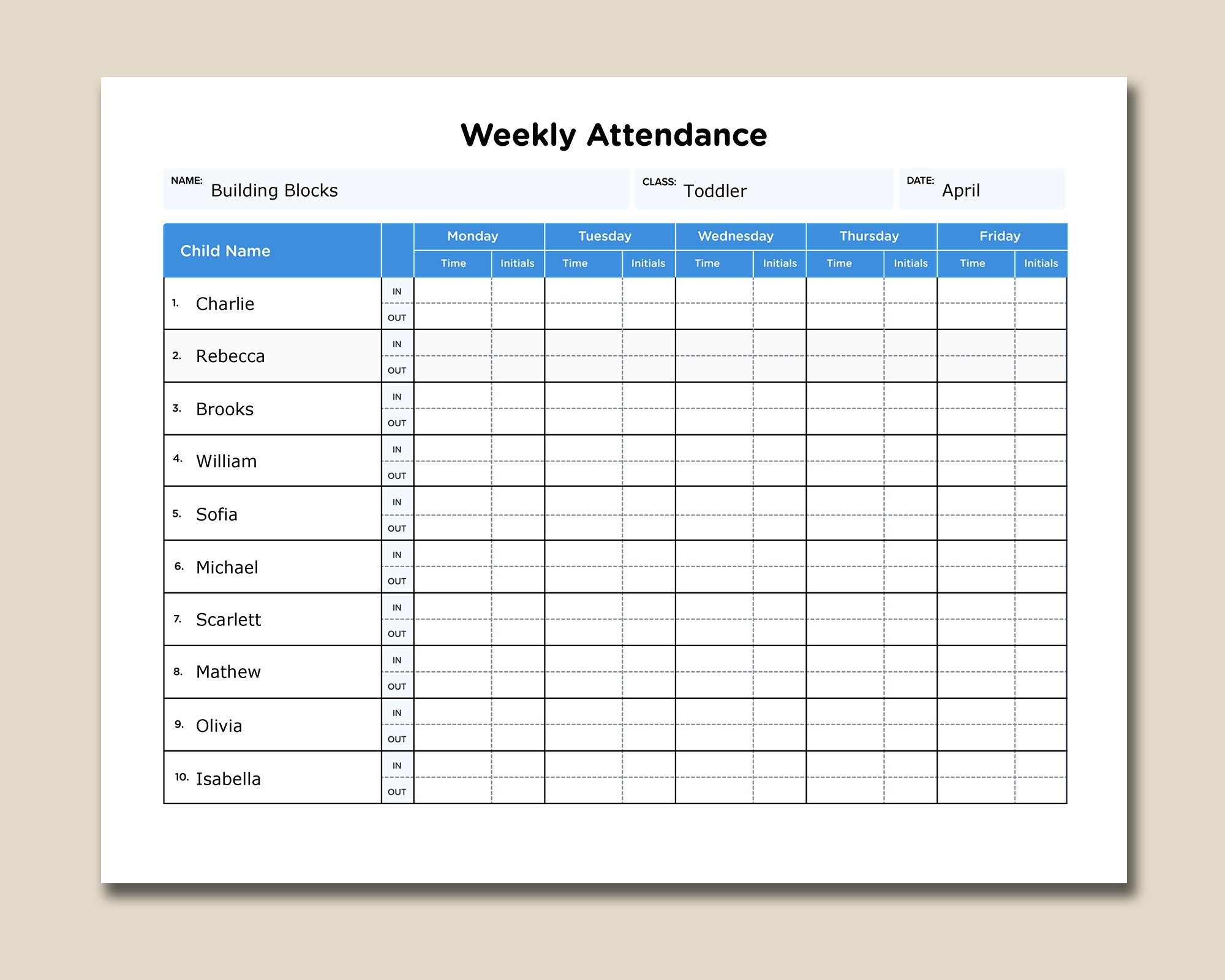 Daycare Weekly Attendance Sheet With Fillable Form Fields HD PNG And Fillable PDF Instant Download Save Print Your Today Etsy