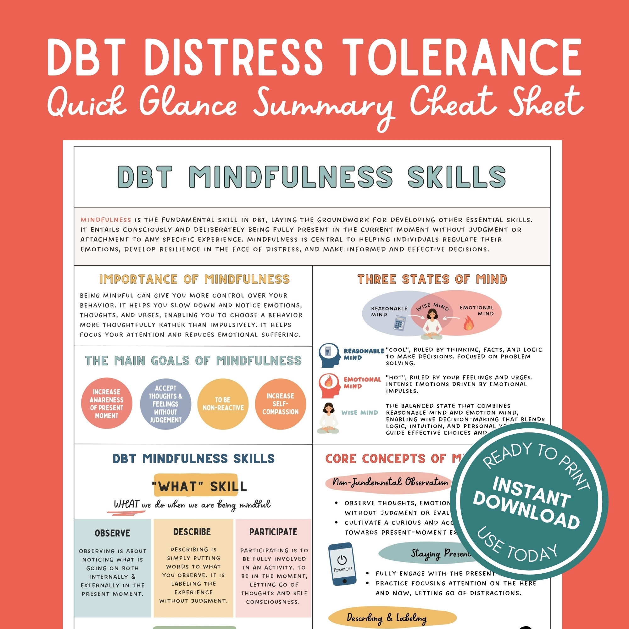 DBT Distress Tolerance Skills Cheat Sheet Coping Skills Overview Self Help Mental Health Resources Kids Teens Adults BPD Anxiety