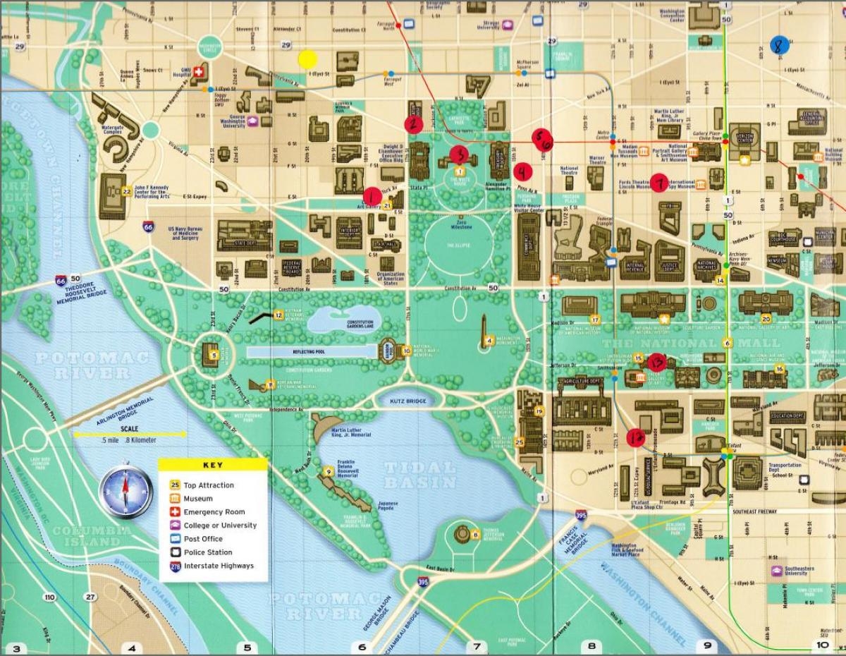 Dc Monuments Map Map Of Monuments Washington Dc District Of Columbia USA 