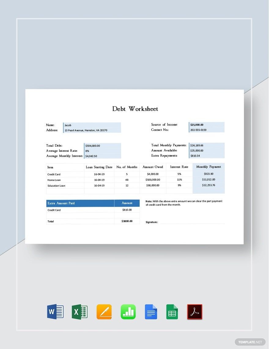 Debt Worksheet Template In Google Sheets Word Apple Numbers Excel Pages Google Docs PDF Download Template