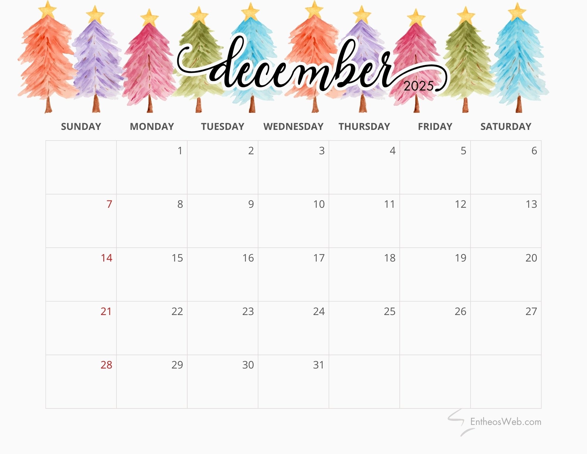 December Calendar Free Printable