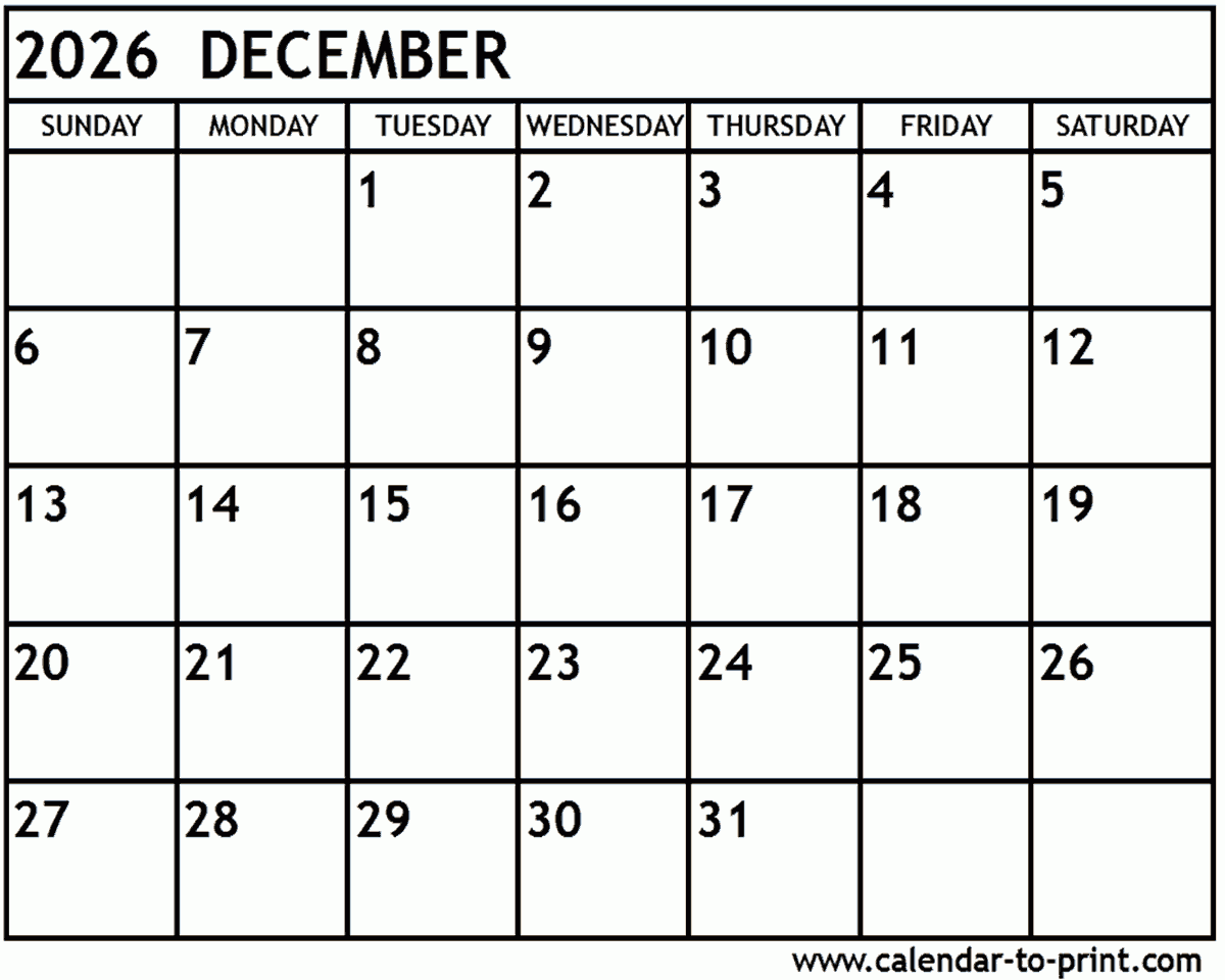 December 2026 Calendar Printable