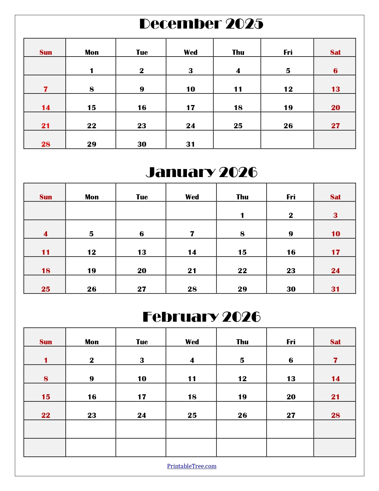 December January February Calendar Printable