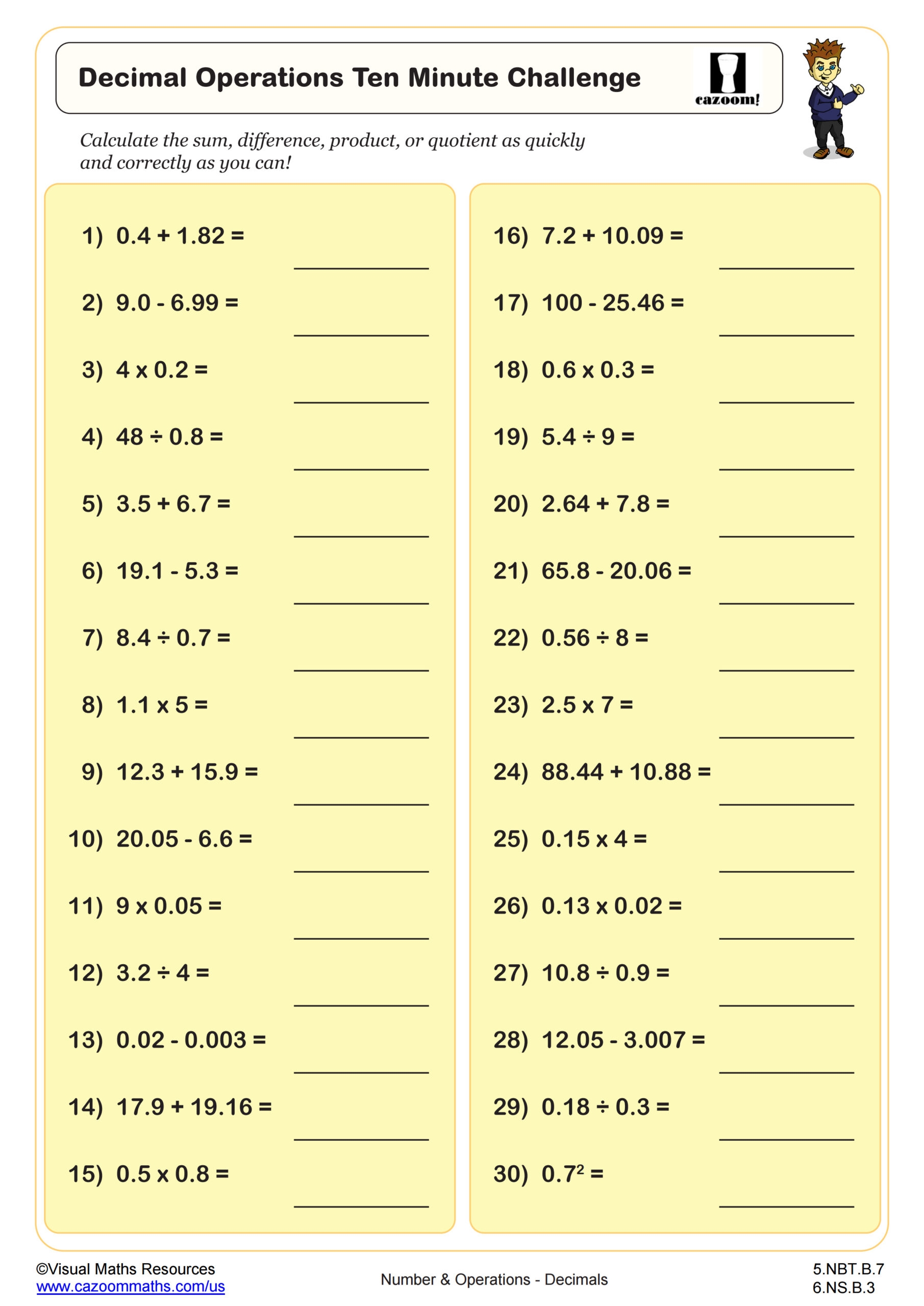 Decimal Operations Ten Minute Challenge Worksheet Fun And Engaging 5th Grade PDF Worksheets Cazoom Math