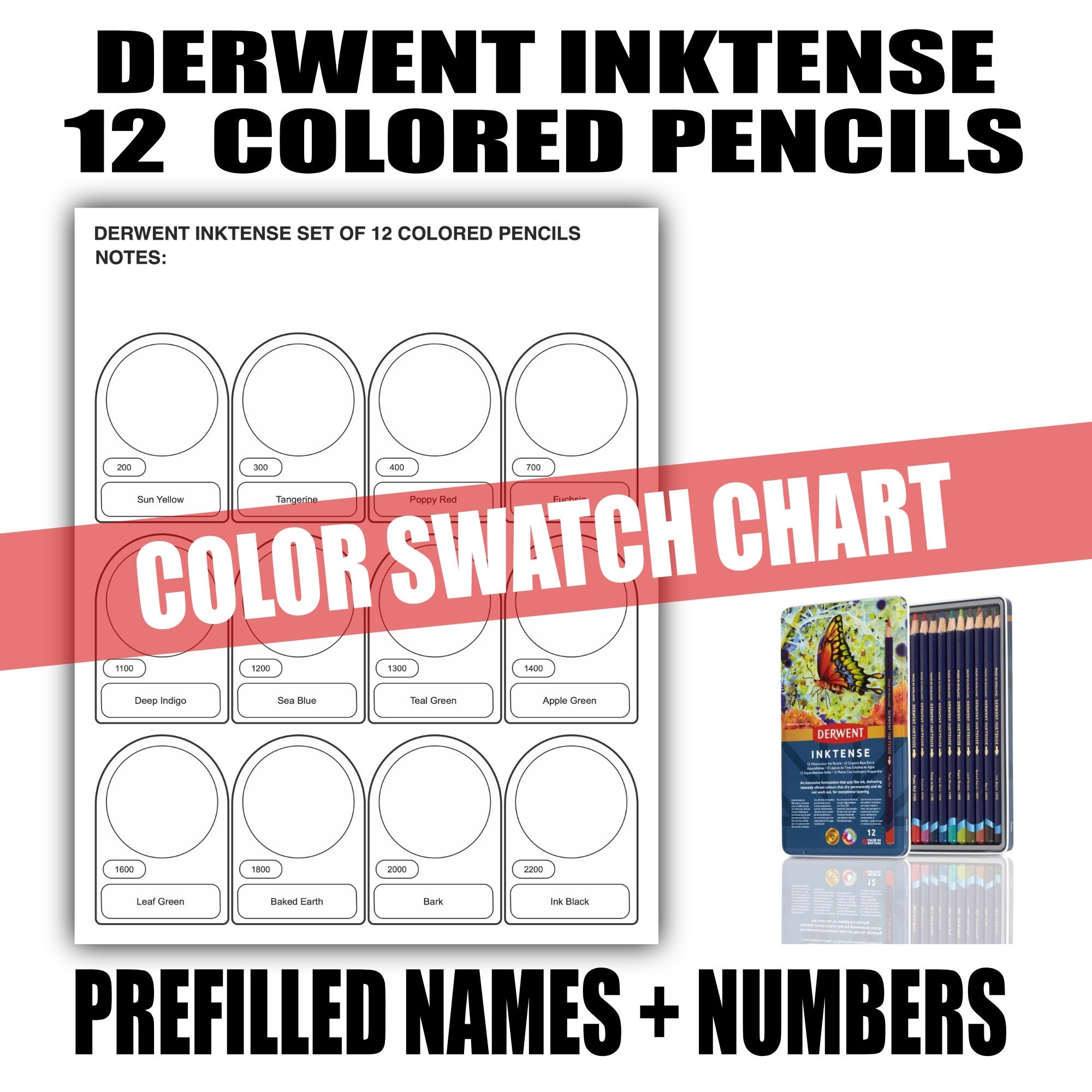 DERWENT INKTENSE 12 Colored Pencils Or Blocks Color Chart Prefilled Swatch Template Printable Artist Resource PDF Color Guide Etsy