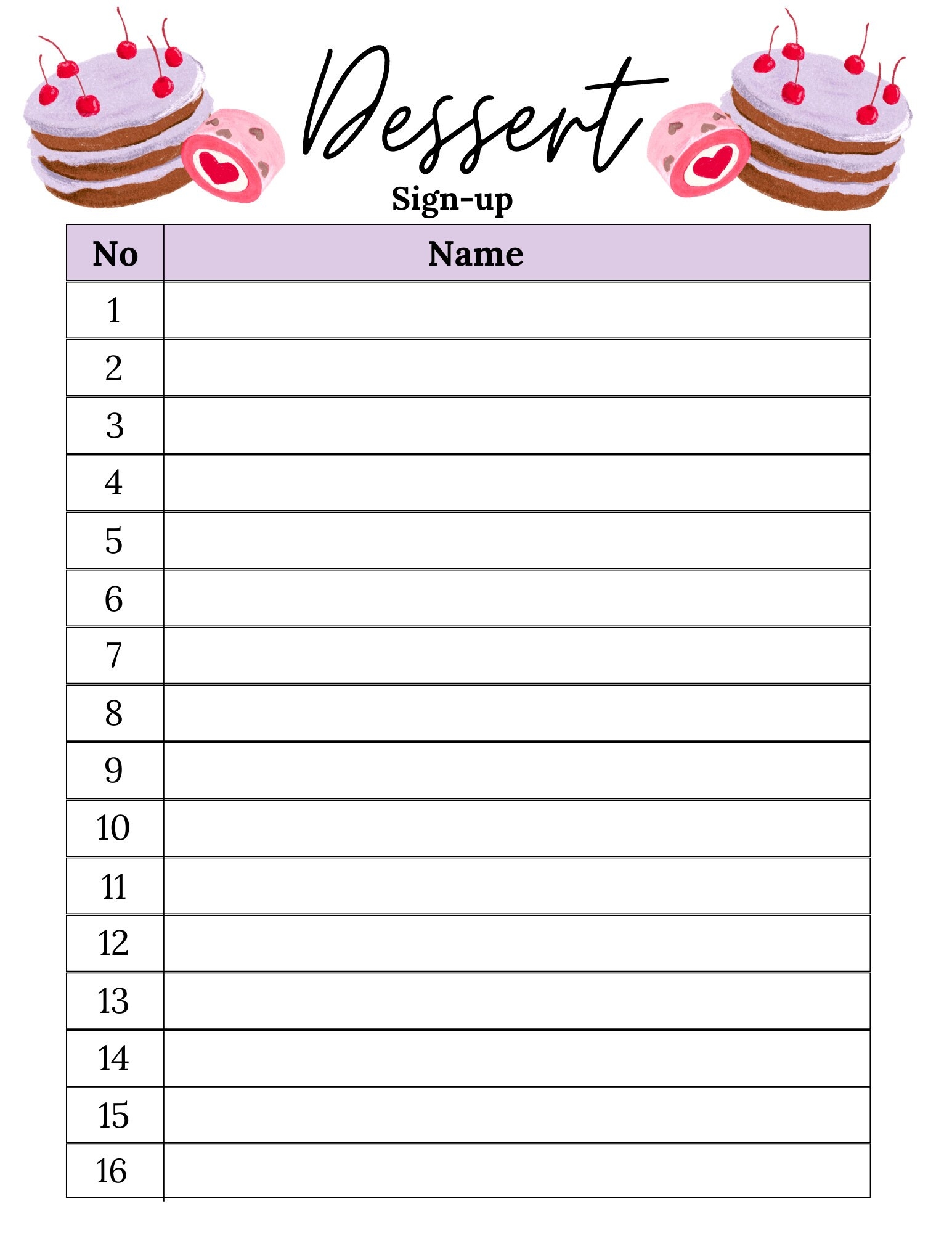 Dessert Sign Up Sheet Dessert Sheet Printable Dessert Sign Up Sheet Printable Sign Up Sheet Dessert Etsy Canada