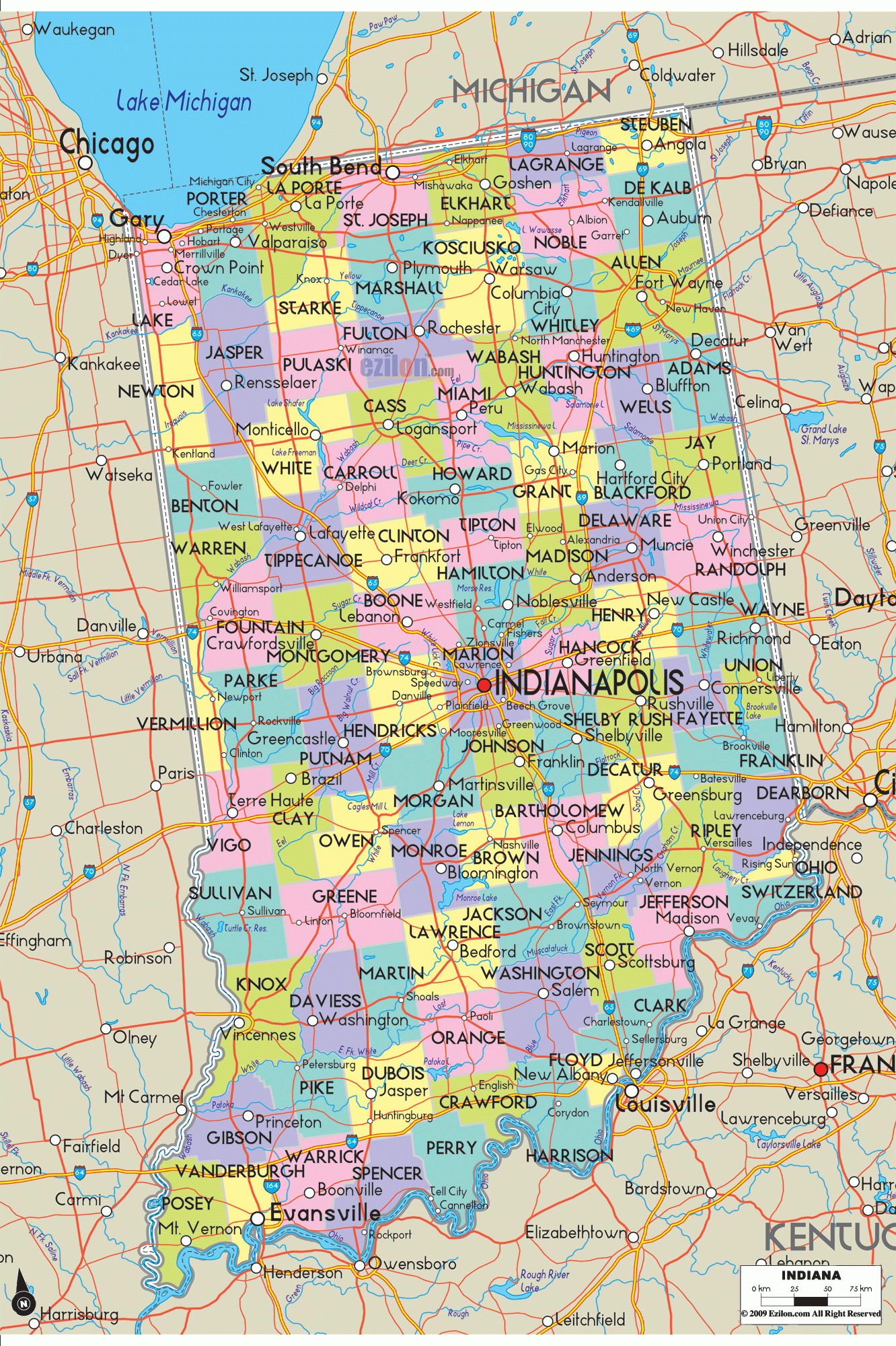 Detailed Map Of Indiana With Cities Counties And Roads Ezilon Maps