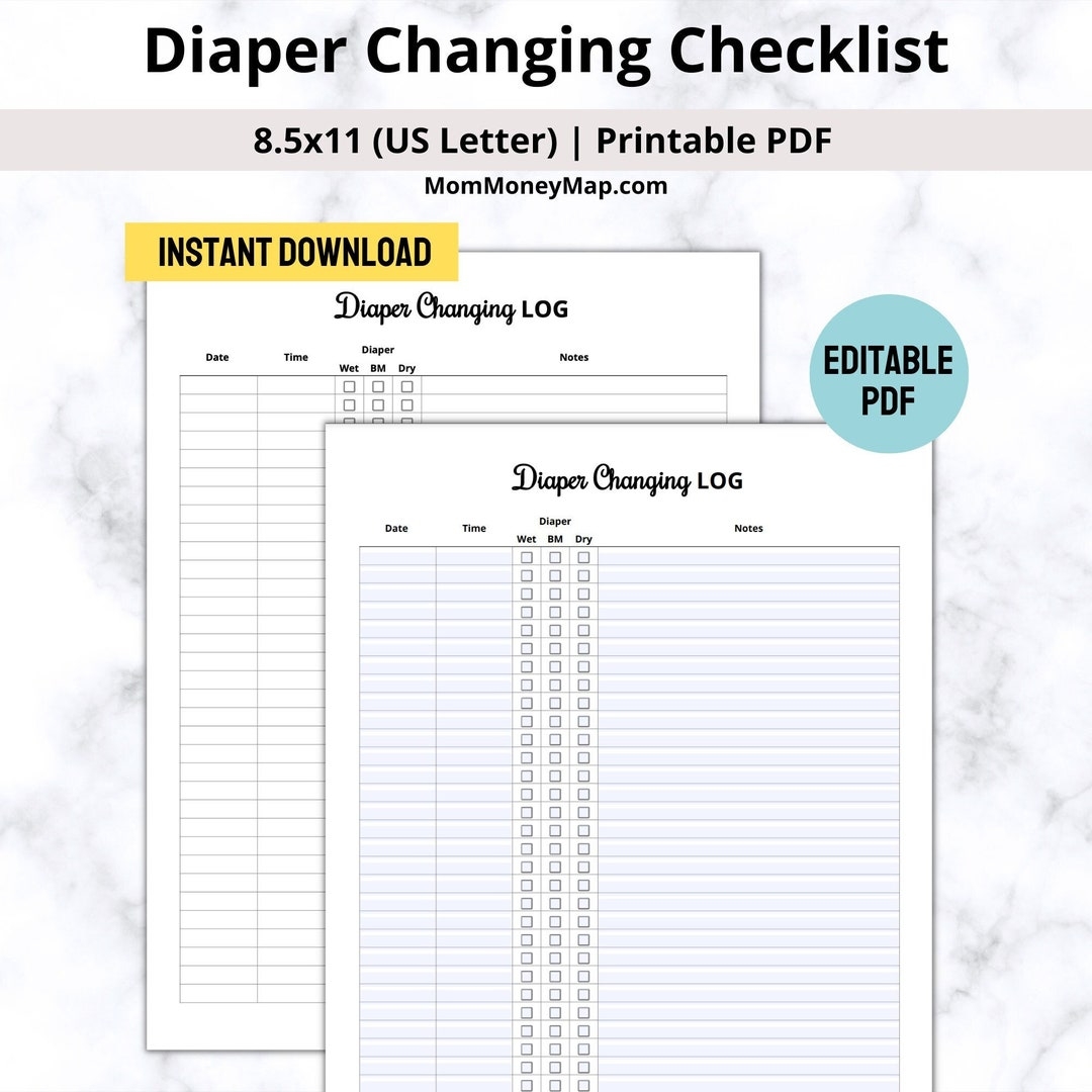 Diaper Changing Printable PDF Newborn Diaper Changing Tracking Simple Diaper Changing Log Template editable Diaper Changing Log Child Care Etsy