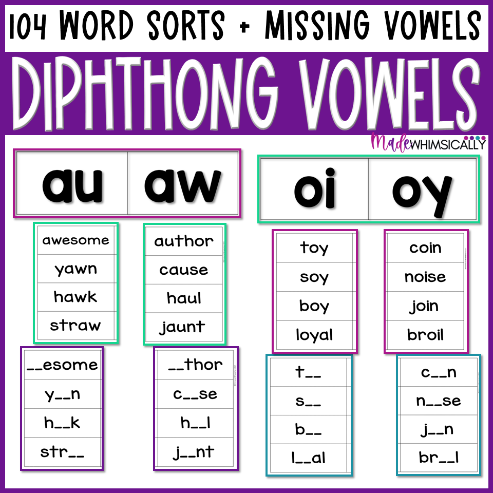 Diphthong Word Sorts Variant Vowel Patterns Aw Au Ew Oo Ow Ou Oy Oi Made By Teachers