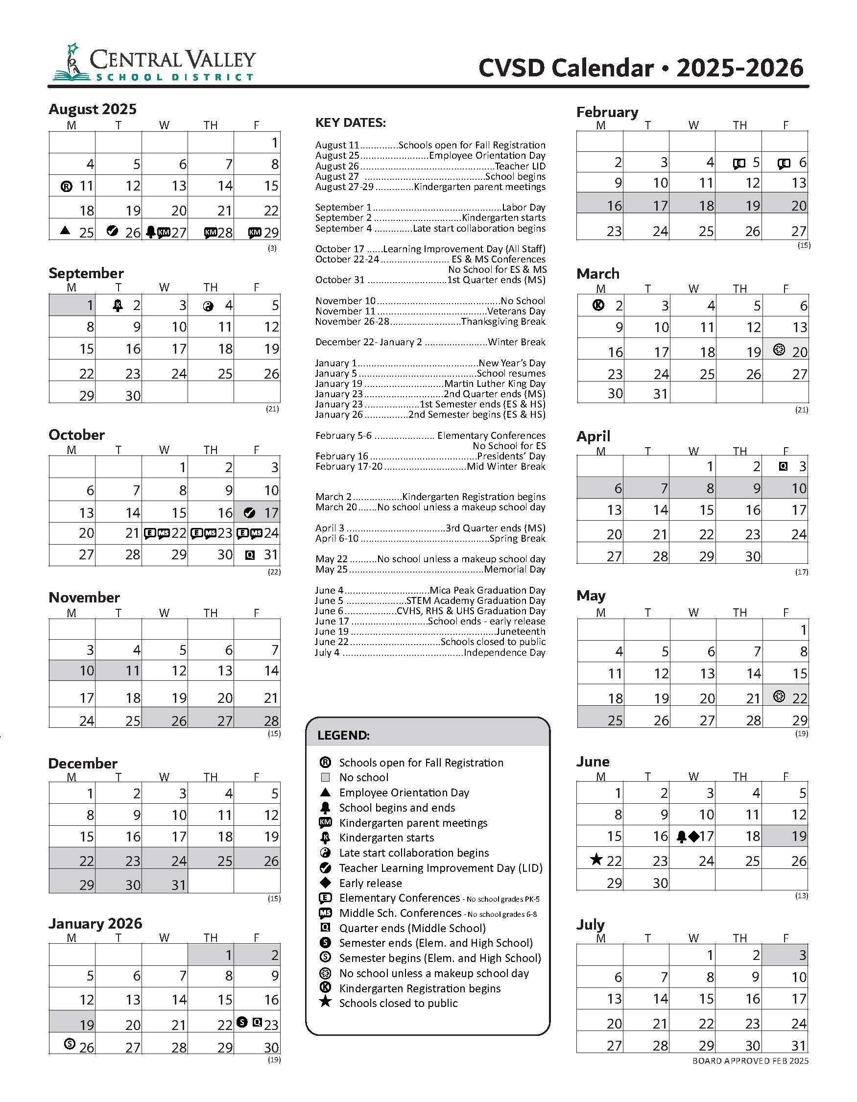 District Printable Calendar 2025 2026 District Printable Calendar Central Valley School District