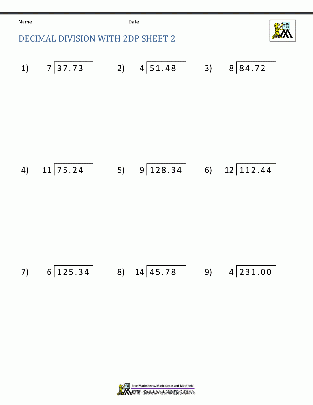 Free Printable Decimal Division Worksheets