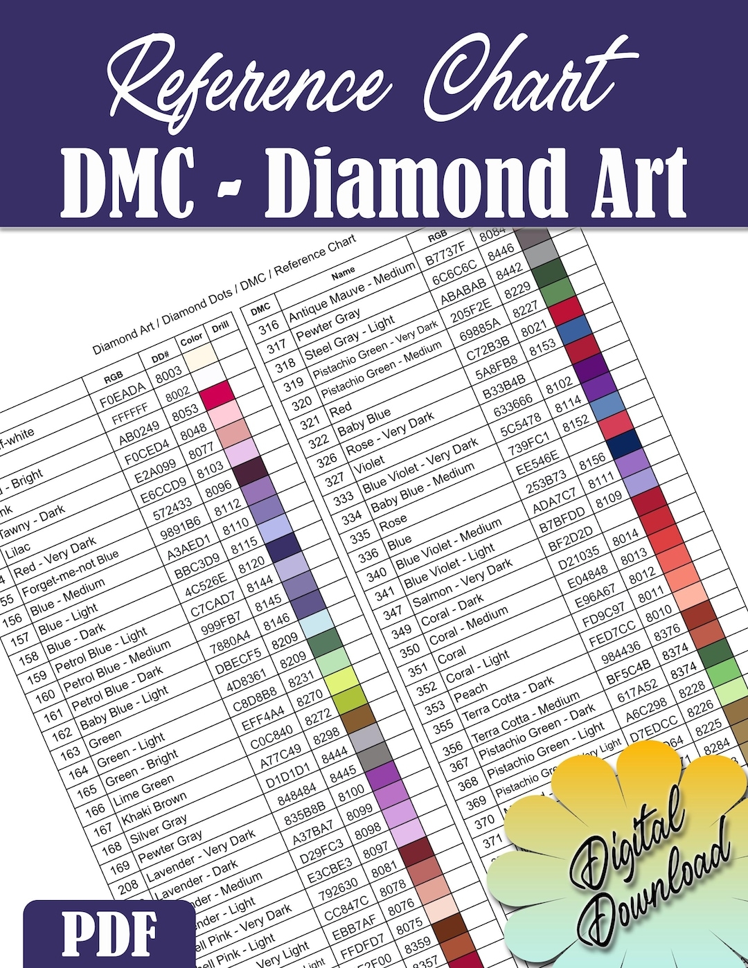 DMC Diamond Painting Color Chart Printable Resin Diamonds PDF Etsy Israel