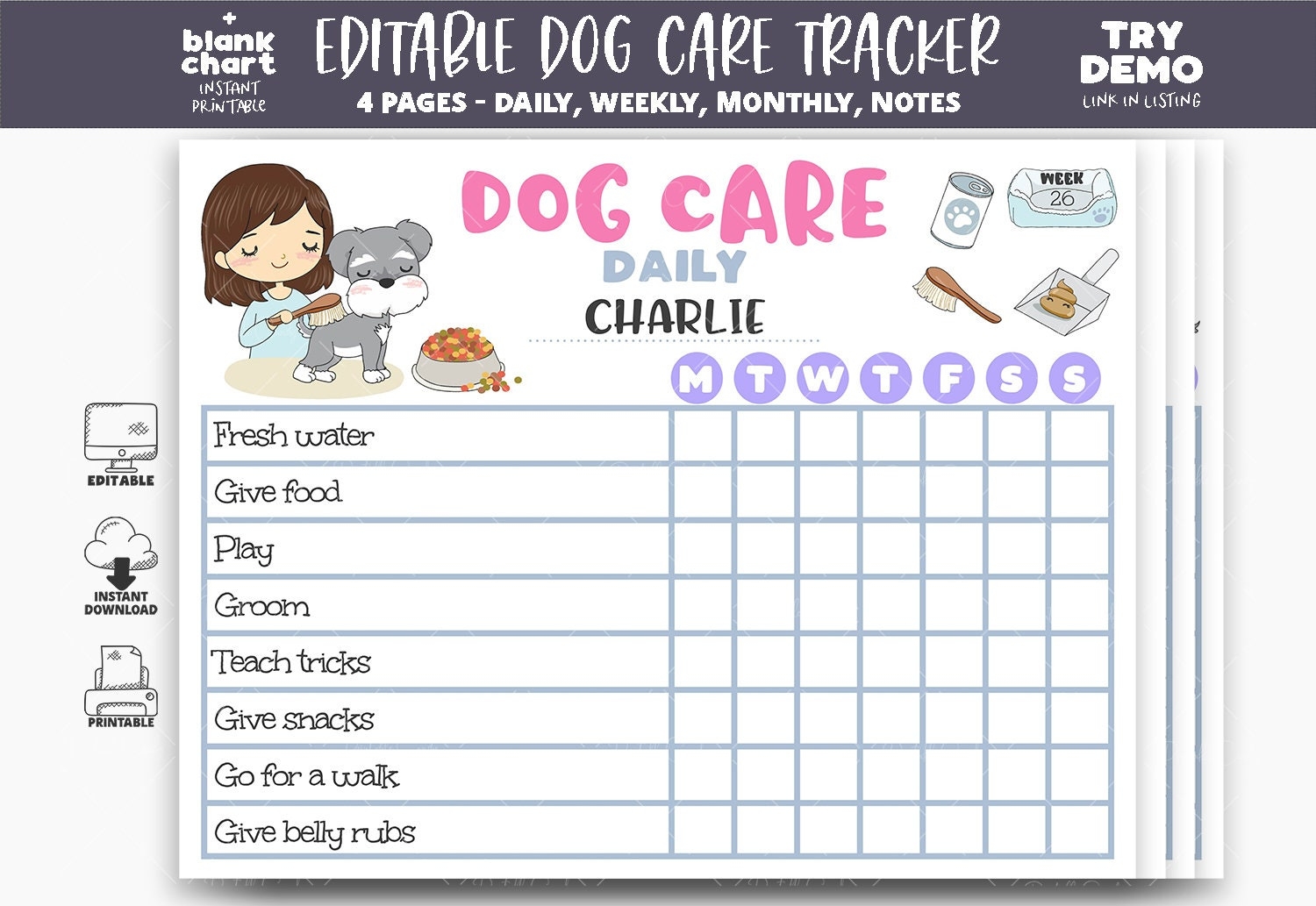 Dog Care Printable Planner Dog Care Tracker Puppy Feeding Schedule Pet Chores Chart Cute Kids Chores Chart Editable Corjl PCK02 Etsy