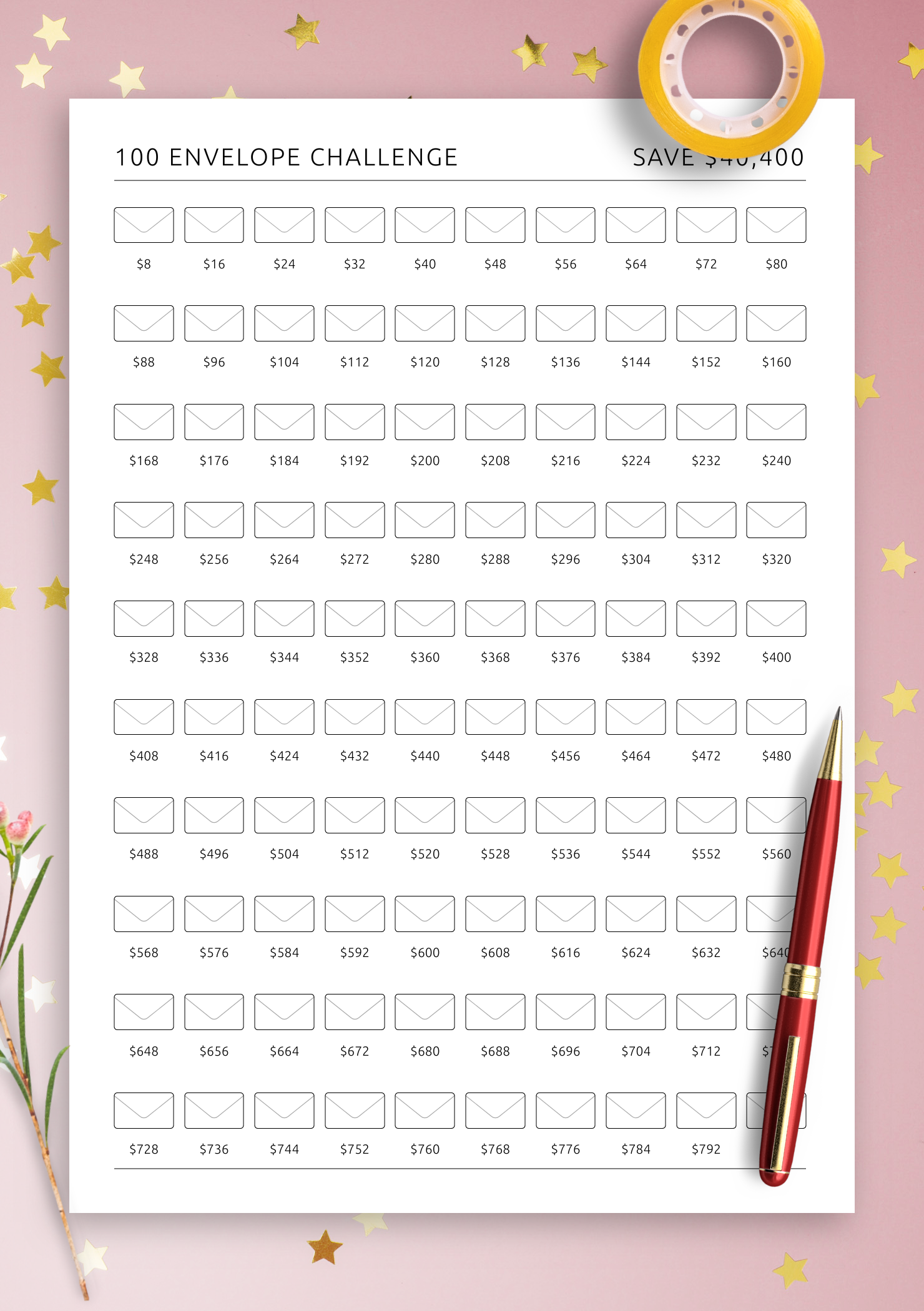 100 Envelope Challenge Sheet Printable