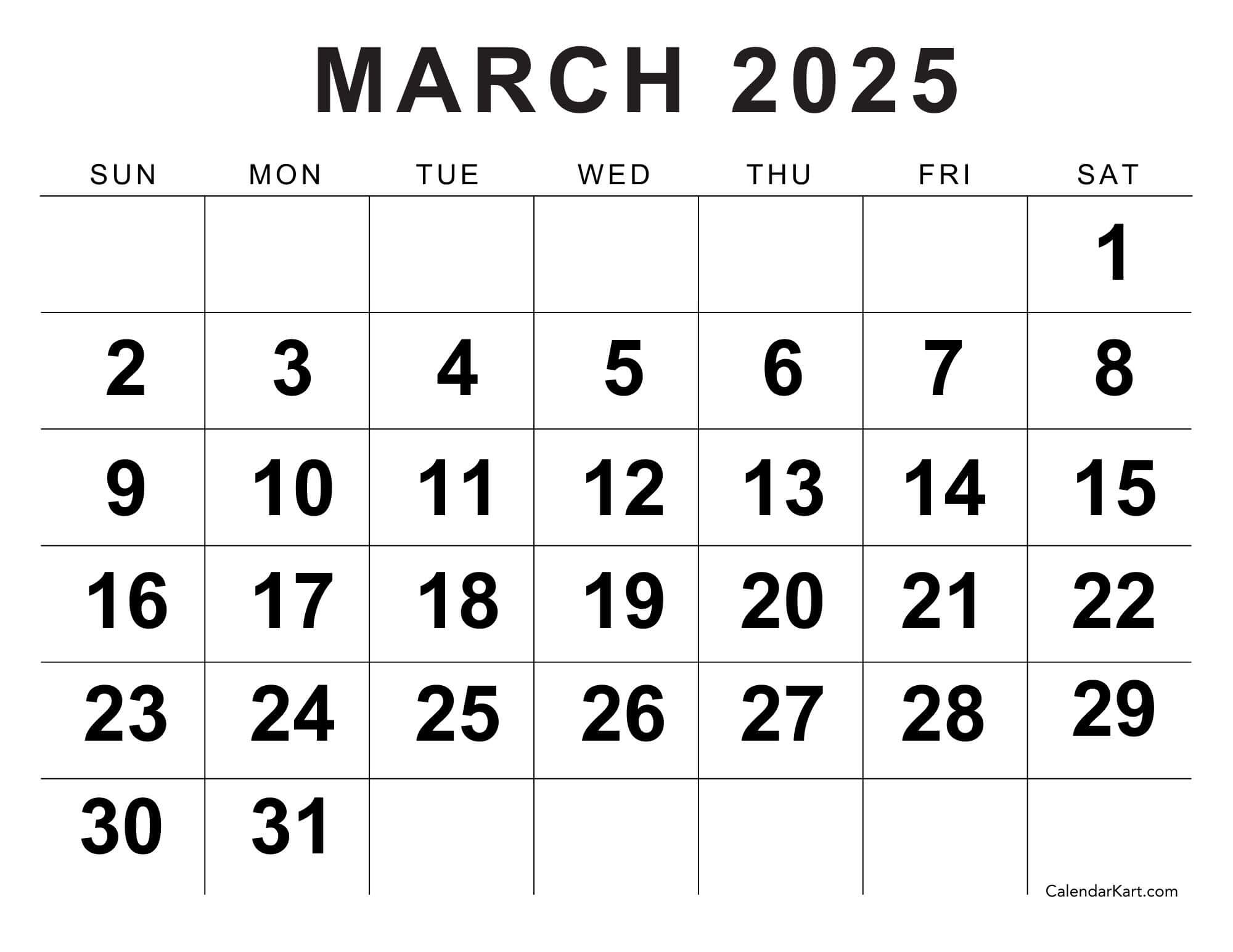 Download Free Printable March 2025 Calendar Calendarkart