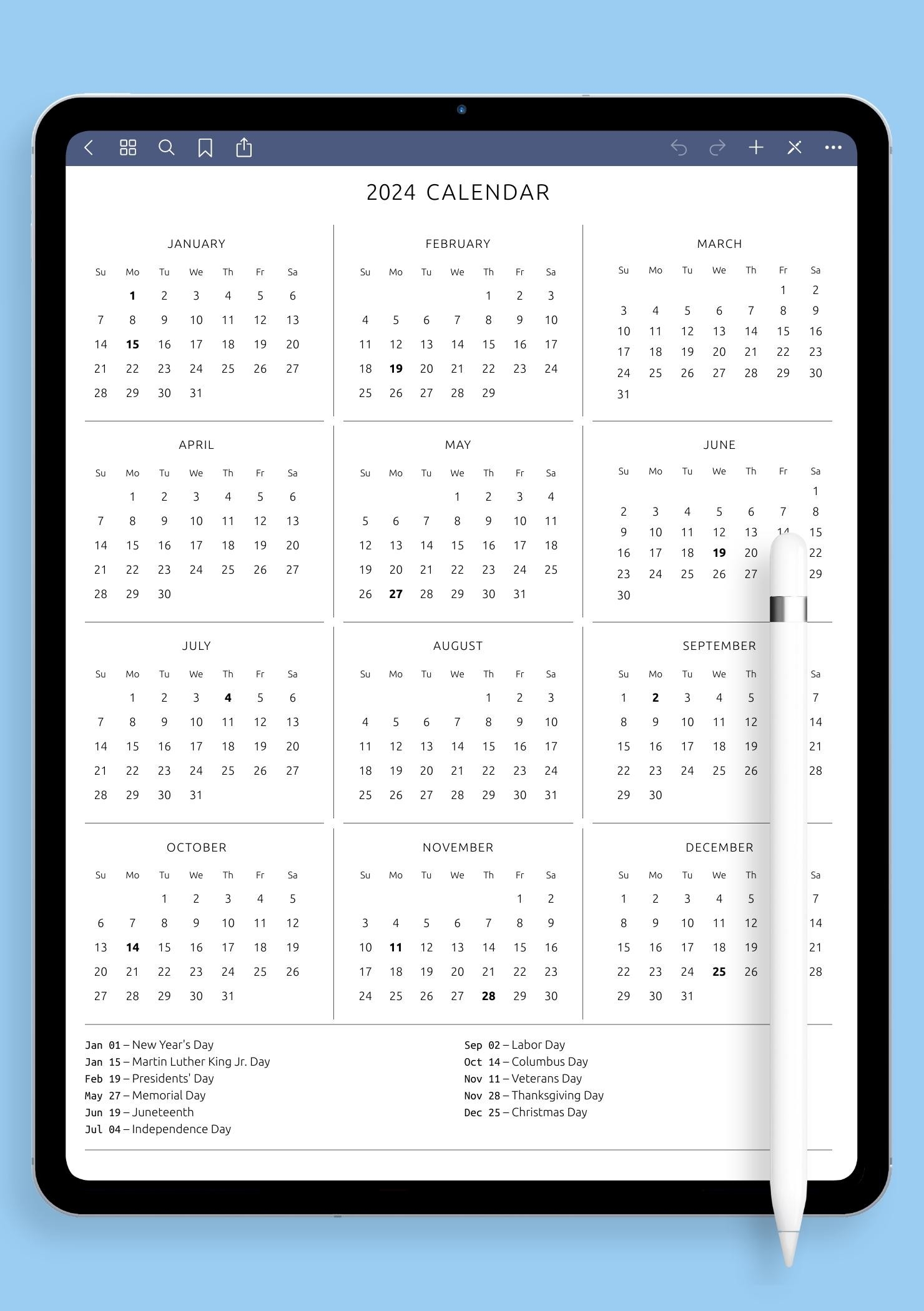 Download Printable Annual Calendar Template With Holidays PDF