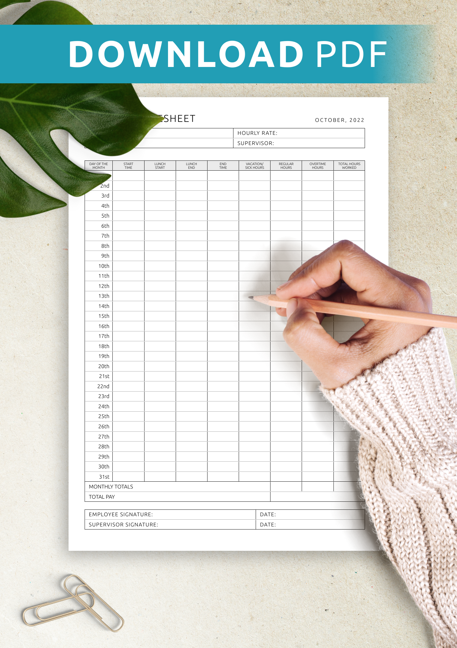 Download Printable Monthly Timesheet Template PDF