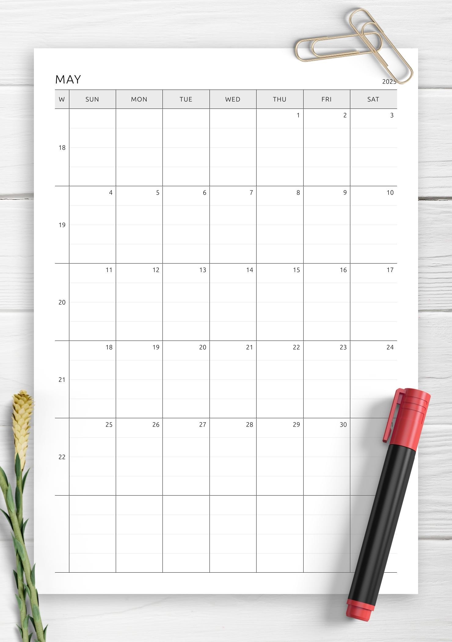 Download Printable One Page Lined Monthly Calendar PDF