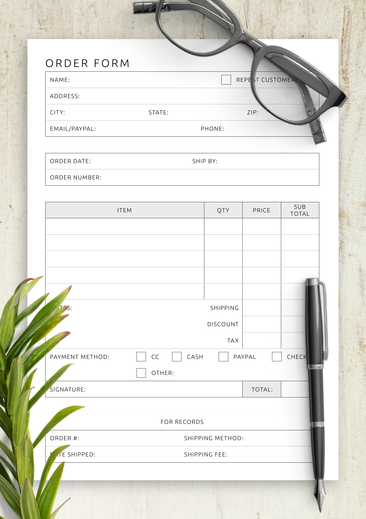 Printable Order Sheet Template