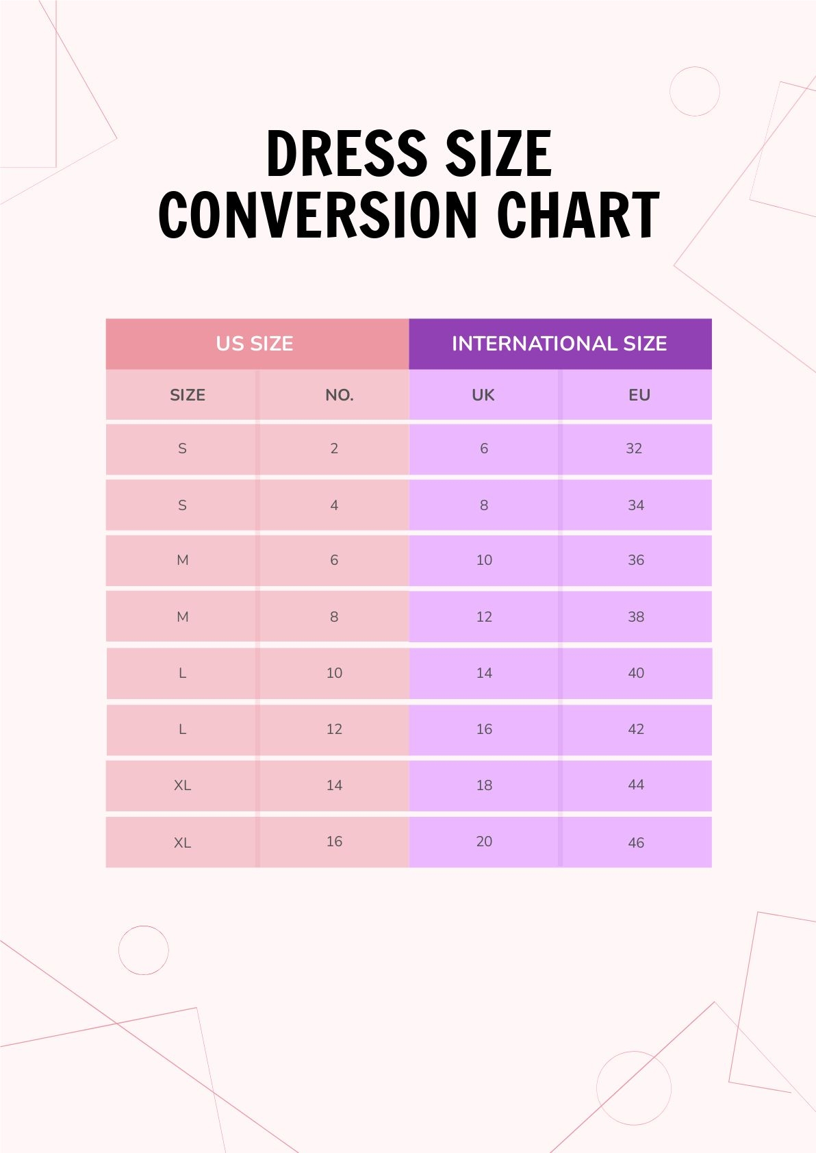 Dress Size Conversion Chart In PDF Download Template