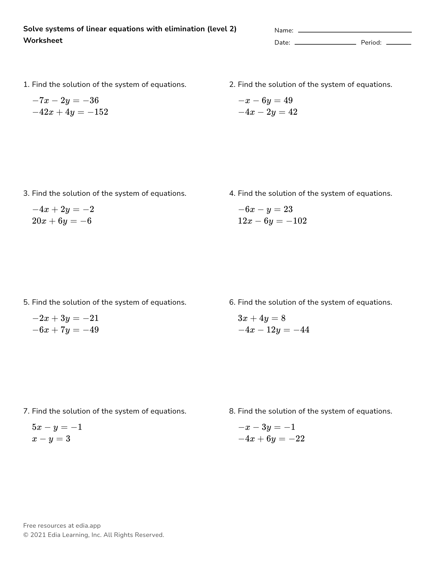 Printable Linear Equations Worksheets