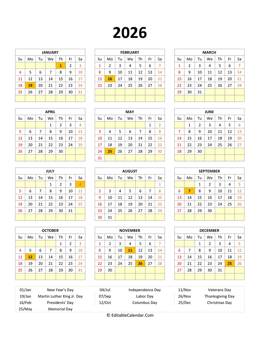Editable 2026 Calendar With With Holidays Editable 2026 Calendar With With Holidays