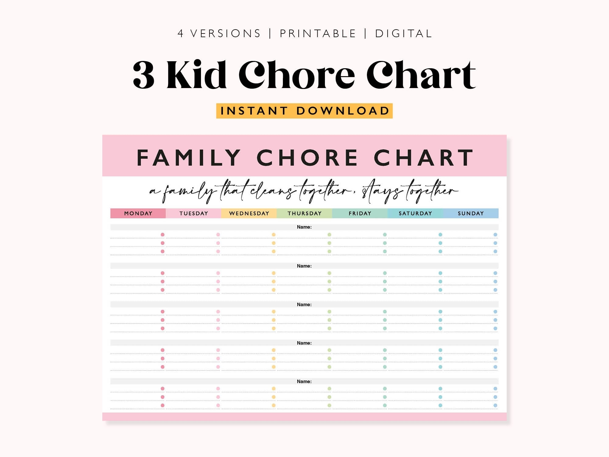 Editable Chore Chart Family Organizer 3 Kids printable PDF Etsy Israel