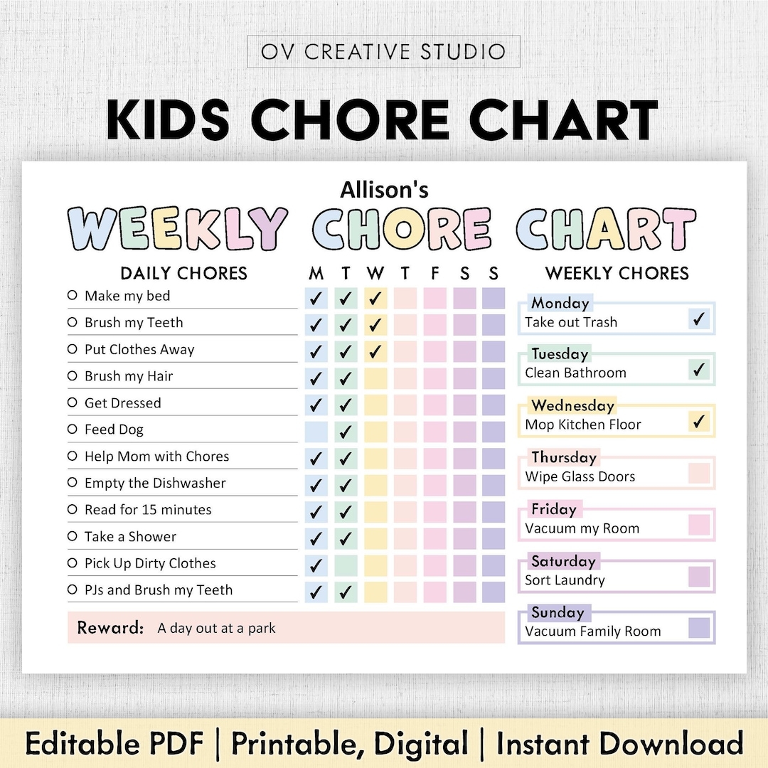 Editable Chore Chart For Kids Printable Kids Daily Weekly Responsibility Chart Kids Chore List Kids Daily Routine Checklist PDF Etsy Denmark