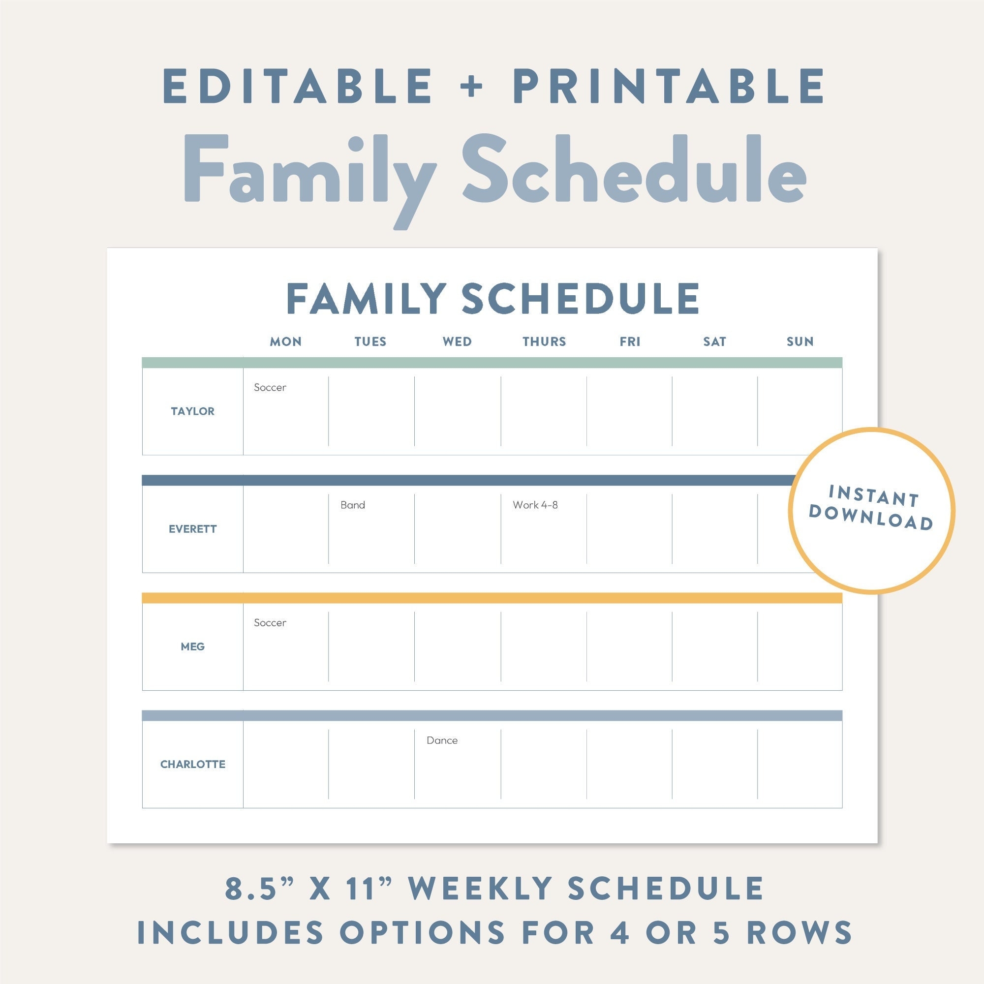 Family Weekly Calendar Printable