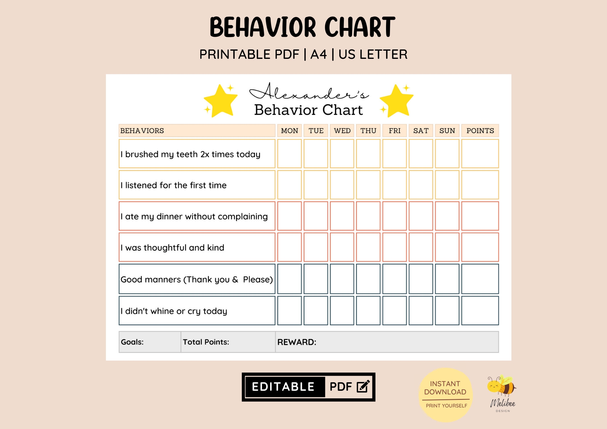 EDITABLE Kid s Behavior Chart Printable Points Reward Chart 