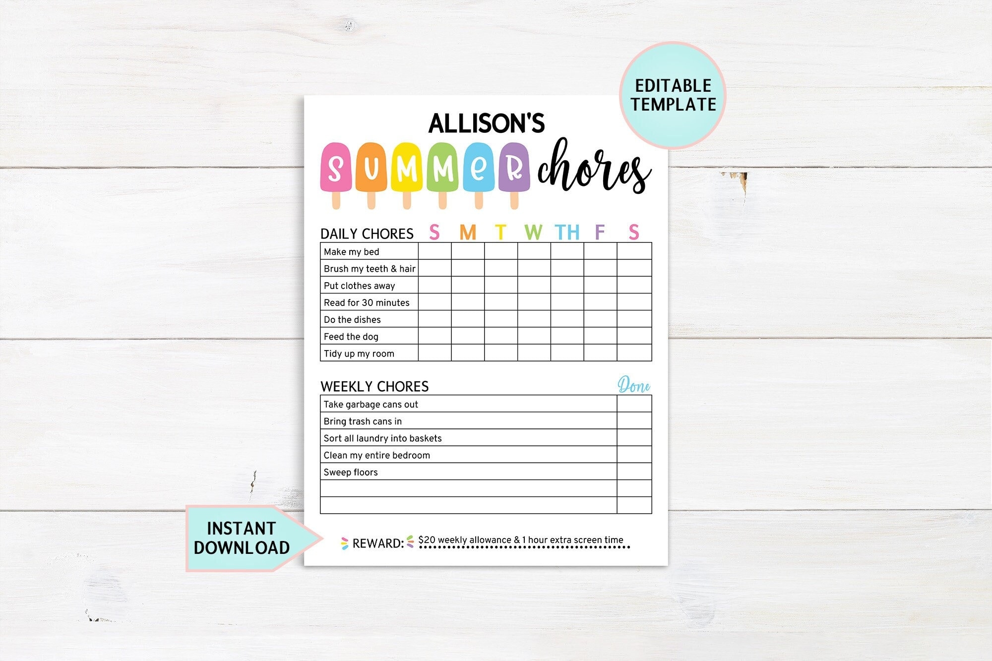 Free Summer Chore Chart Printable