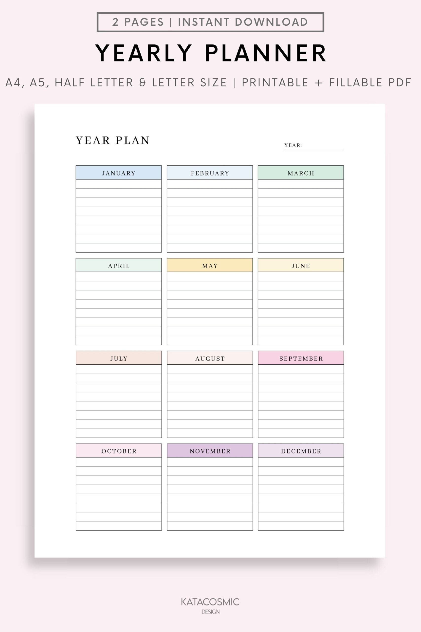 Editable Yearly Planner Printable Yearly Overview On One Page Year At A Glance Undated Minimalist Planner Calendar Template Annual Plan Etsy
