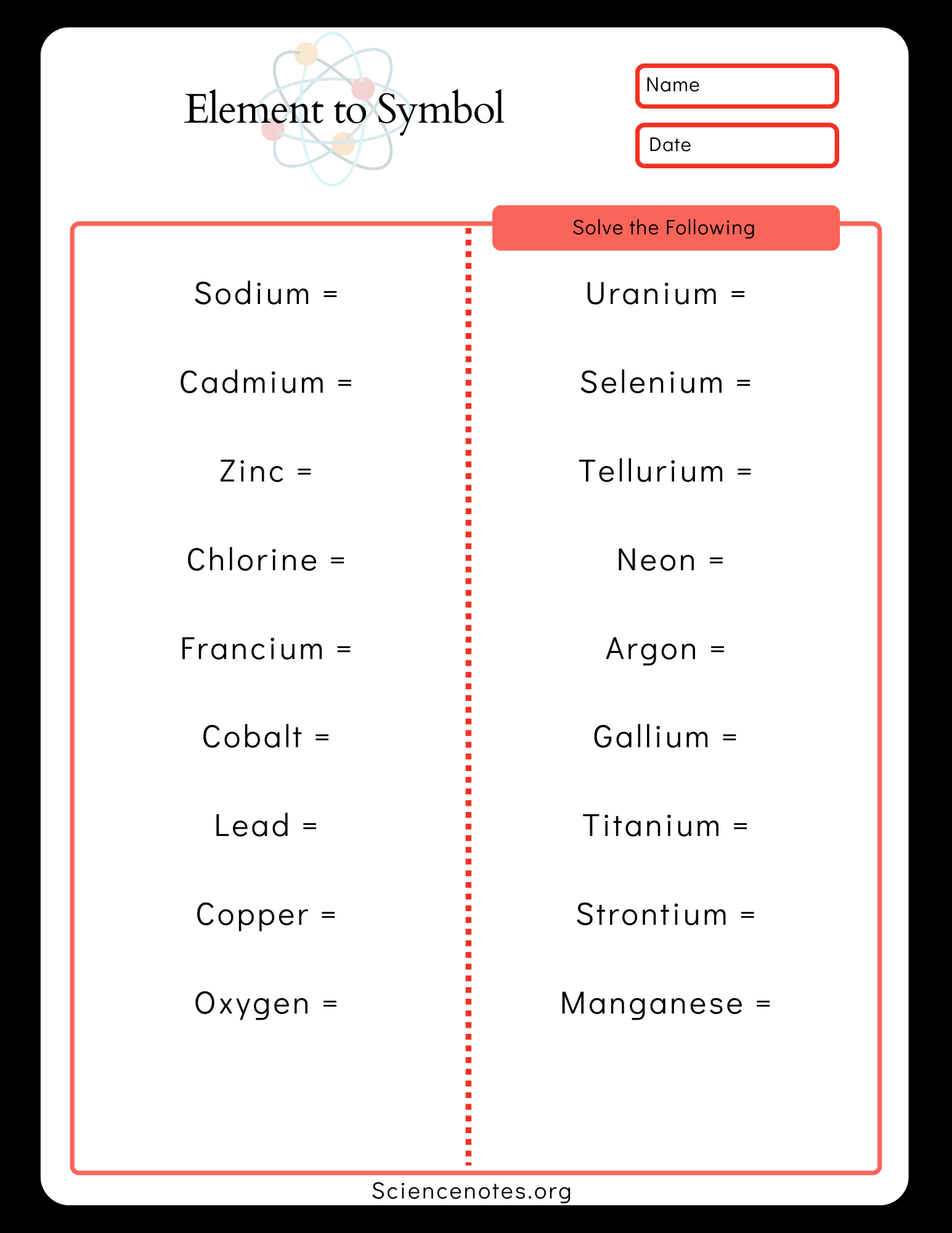 Element Names And Symbols Worksheets