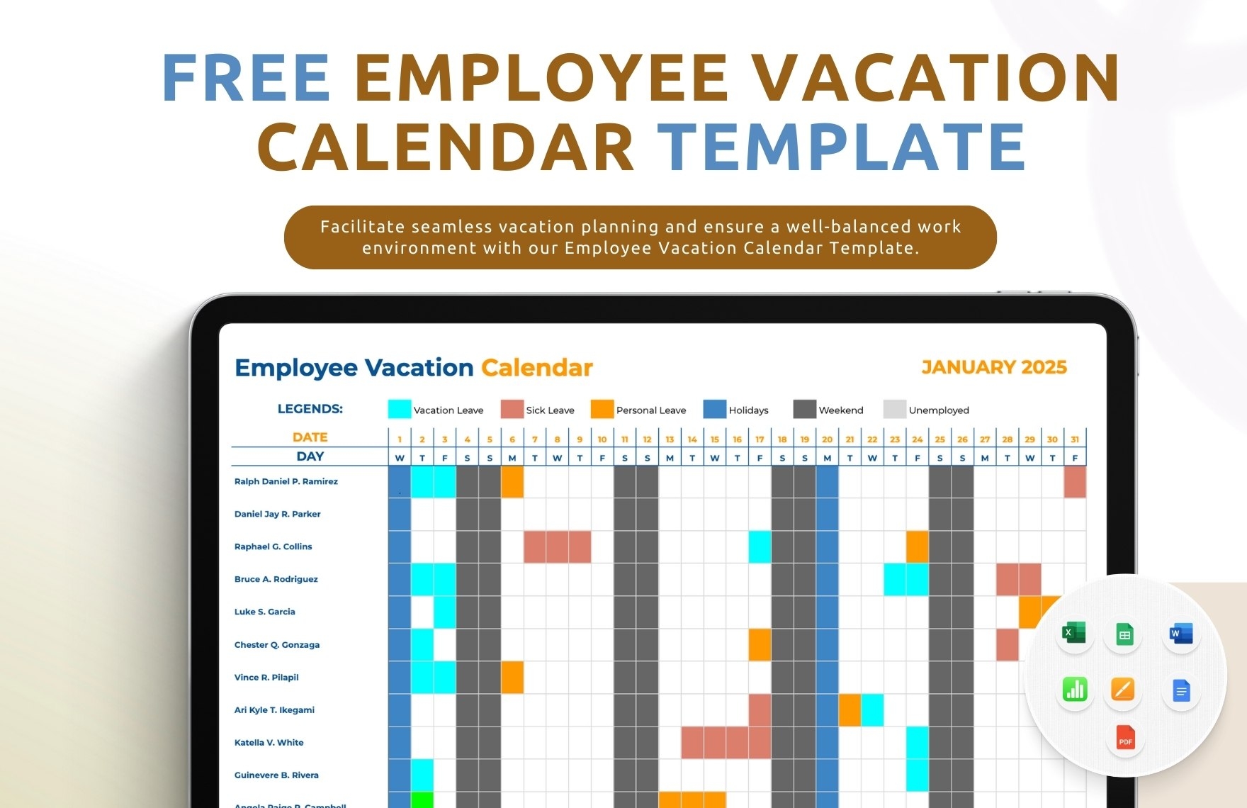 Employee Vacation Calendar Template In Google Sheets Google Docs Excel Word Apple Pages PDF Apple Numbers Download Template