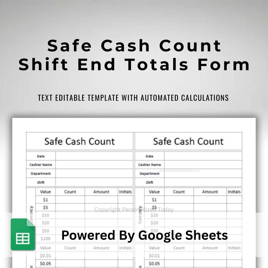End Of Shift Cash Register Safe Deposit Count Text Editable Google Sheets Template Cash Breakdown With Automatic Totals Calculations Etsy End Of Shift Cash Register Safe Deposit Count Text Editable Google Sheets Template Cash Breakdown With Automatic Totals Calculations Etsy