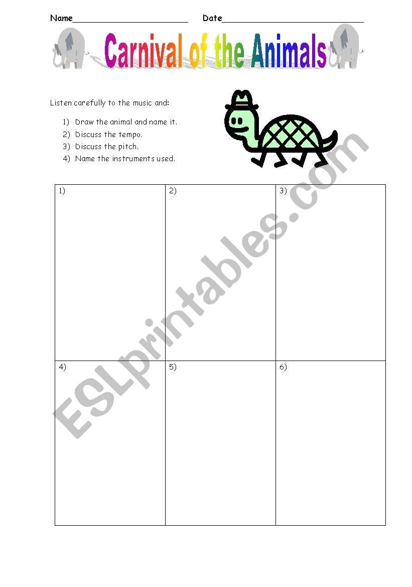 English Worksheets Carnival Of The Animals Listening Activity