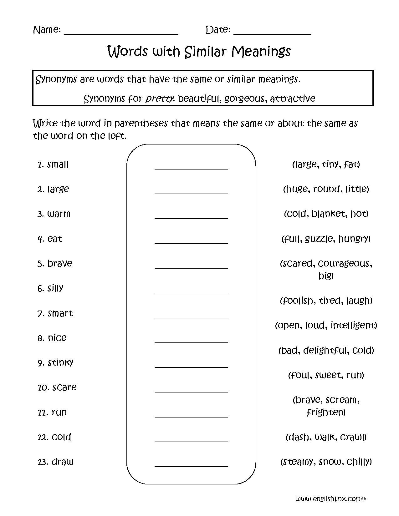 Free Printable Synonym Worksheets
