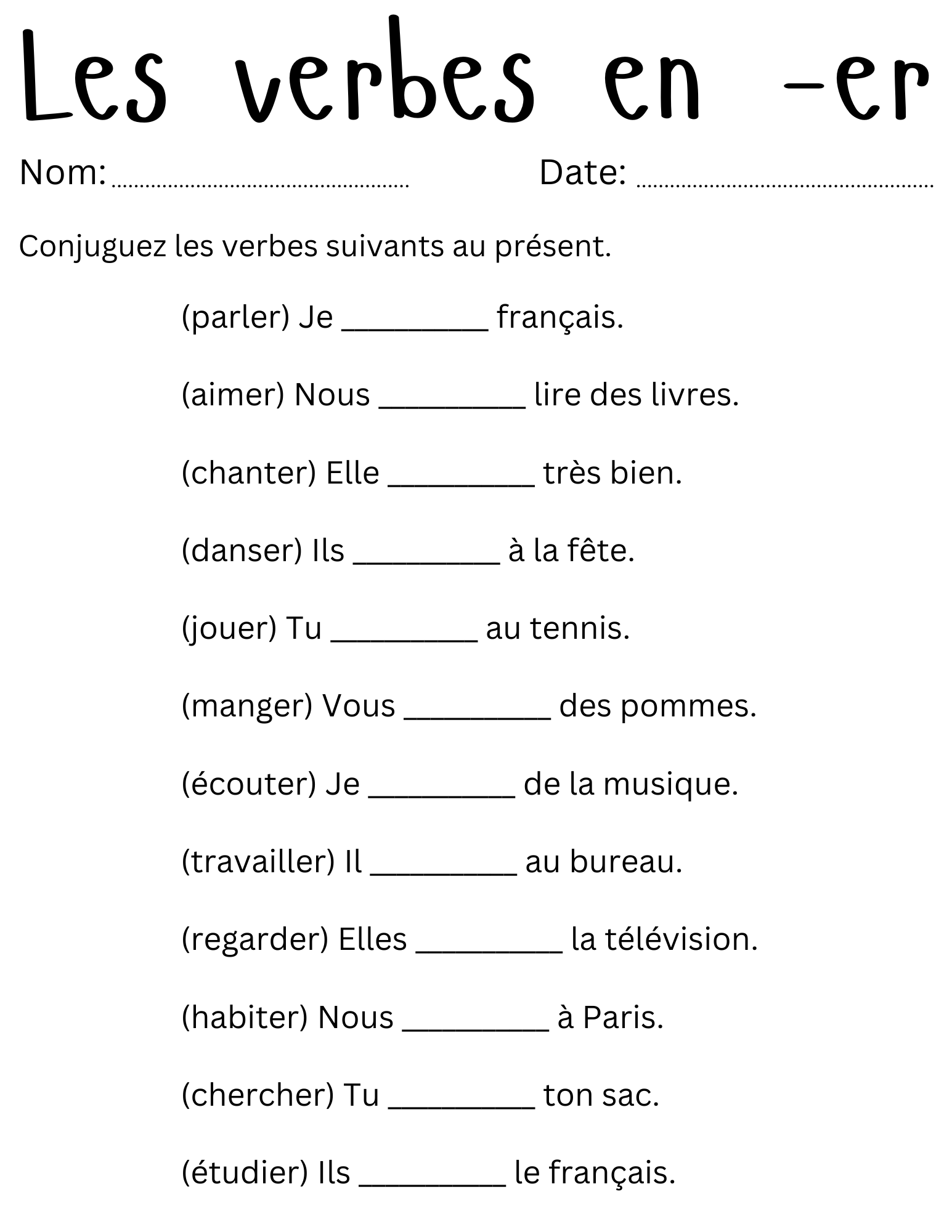 Er Ending Verbs In French Worksheet French Er Verbs Conjugation 