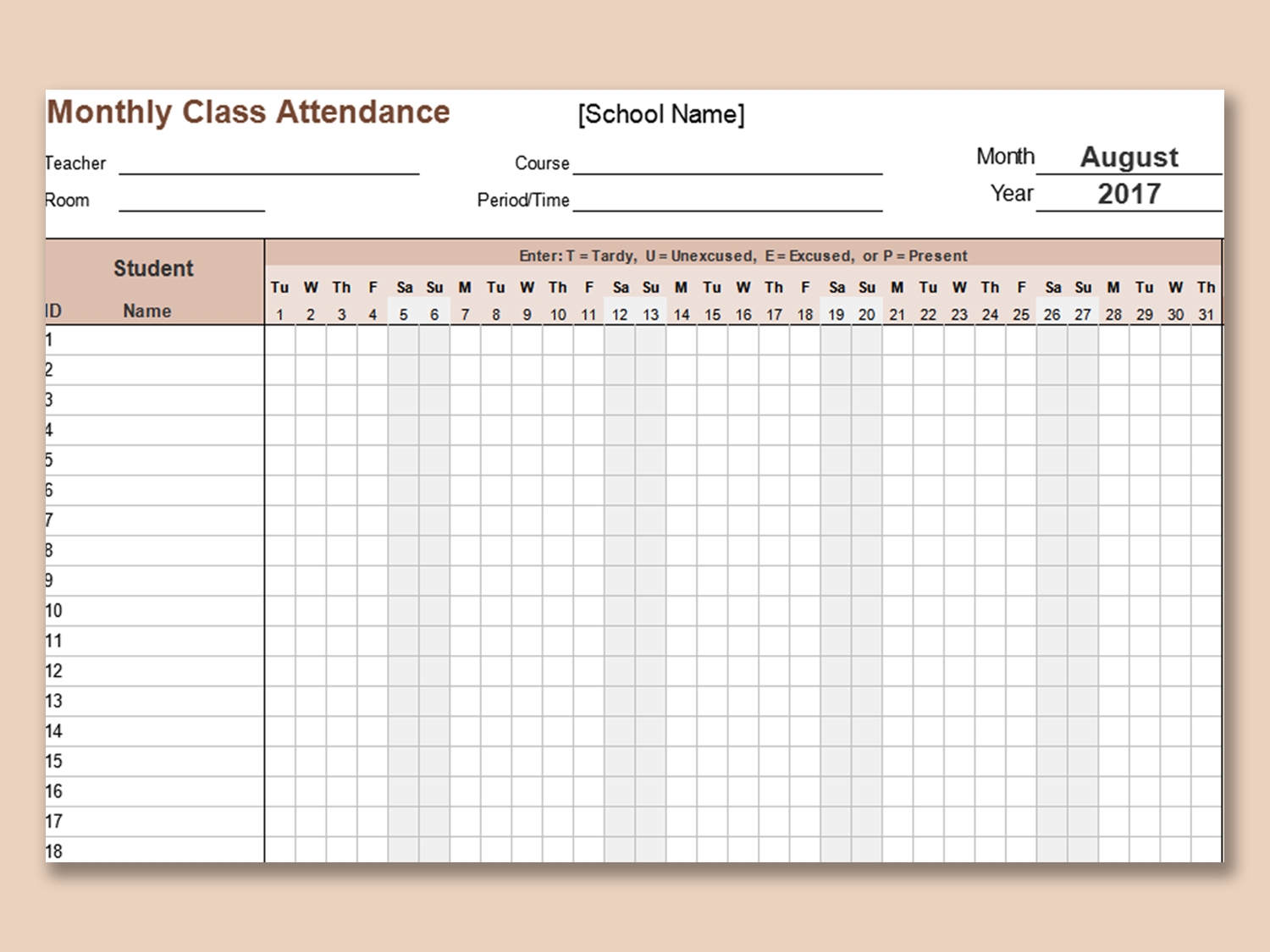 EXCEL Of Monthly Class Attendance Tracking xlsx WPS Free Templates
