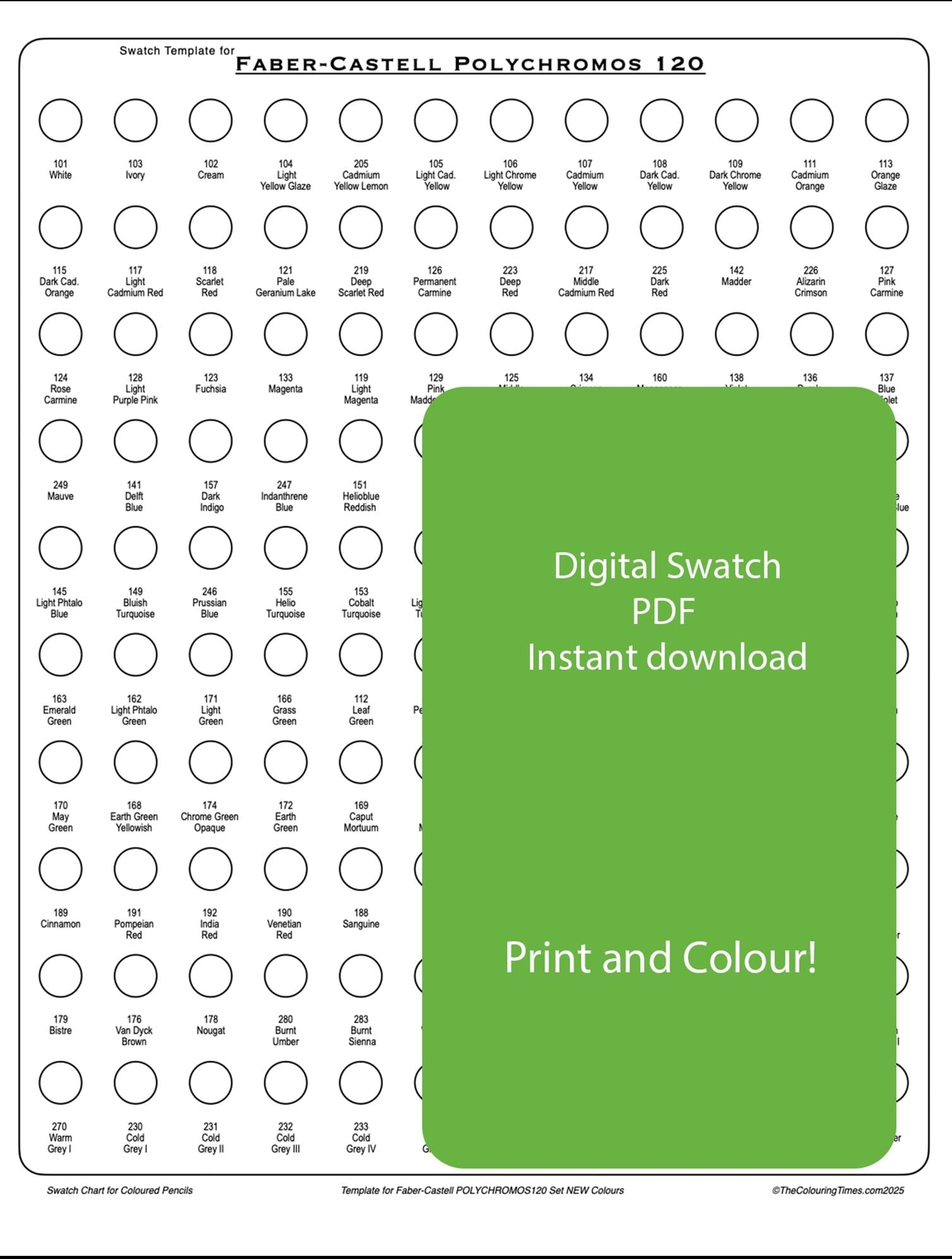 Faber castell Polychromos 120 Swatch Template Colored Pencils Printable PDF BLANK Colour Chart Instant Download Etsy