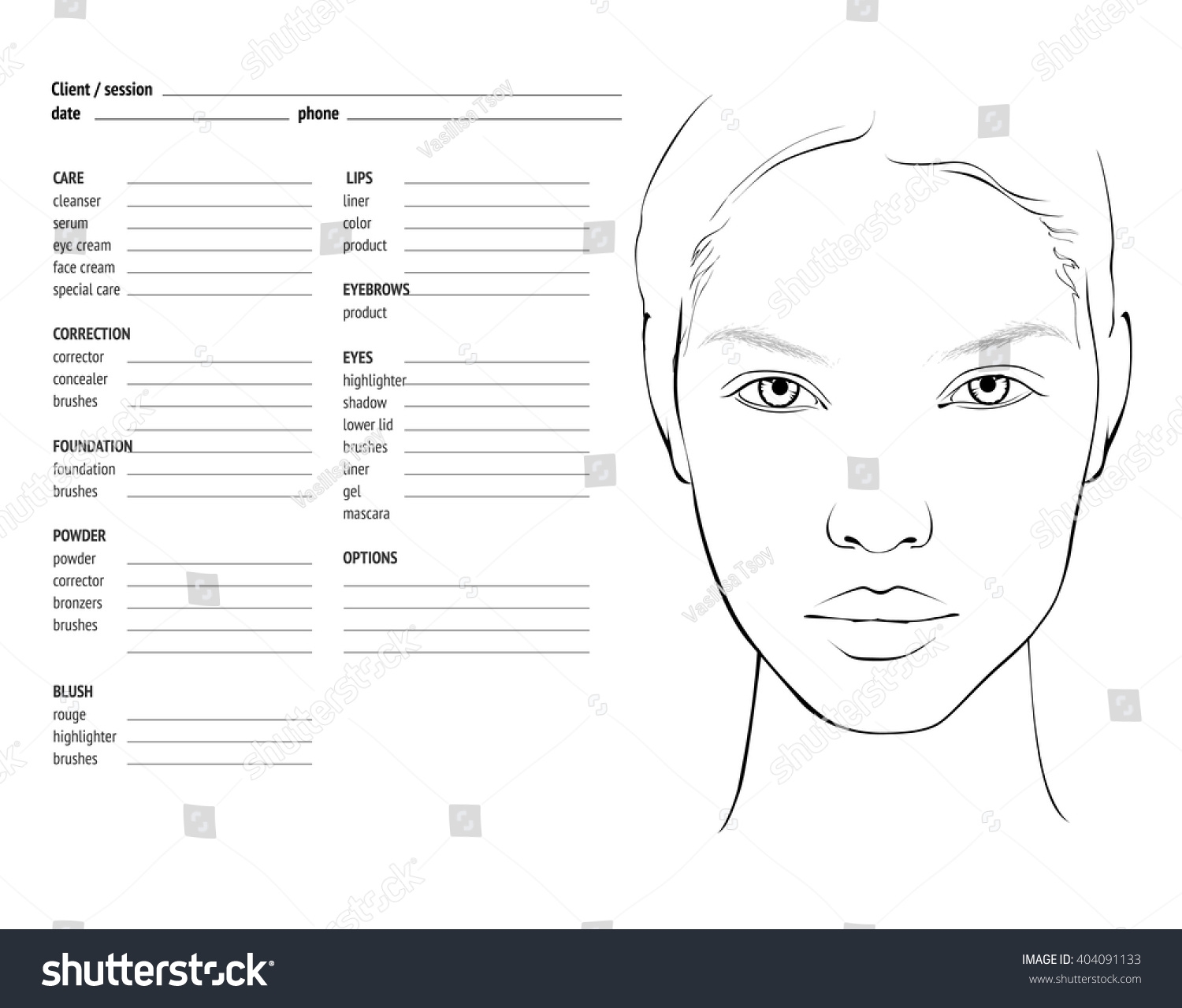 Face Chart Makeup Artist Blank Template Stock Vector Royalty Free 404091133 Shutterstock