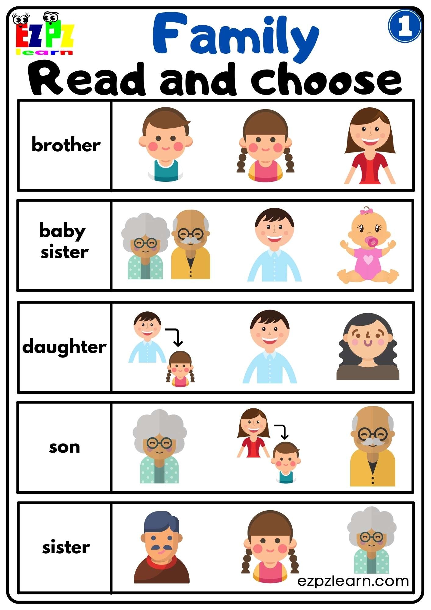 Family Vocabulary Read And Choose Activity For K5 Students Parents And Teachers Free G1 Ezpzlearn