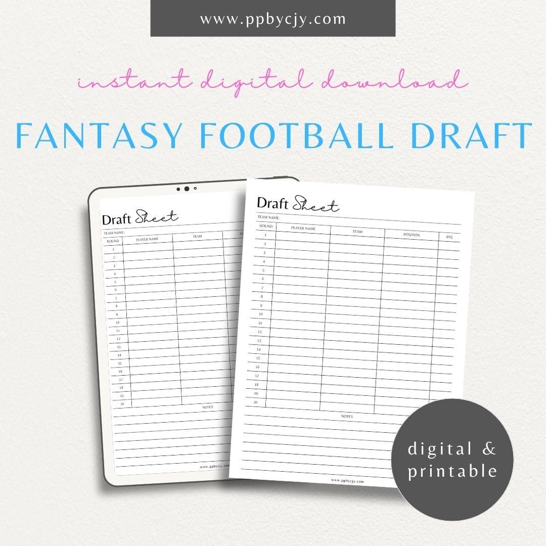 Fantasy Football Draft Sheet Printable Template Digital Download Draft Picks Organizer Fantasy League Planner Team Selection Tracker Etsy
