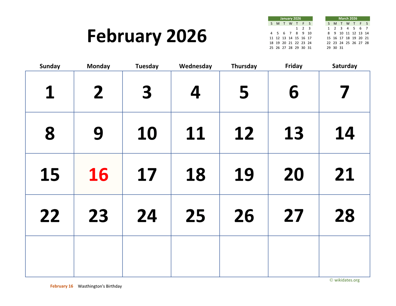 Calendar February 2026 Printable