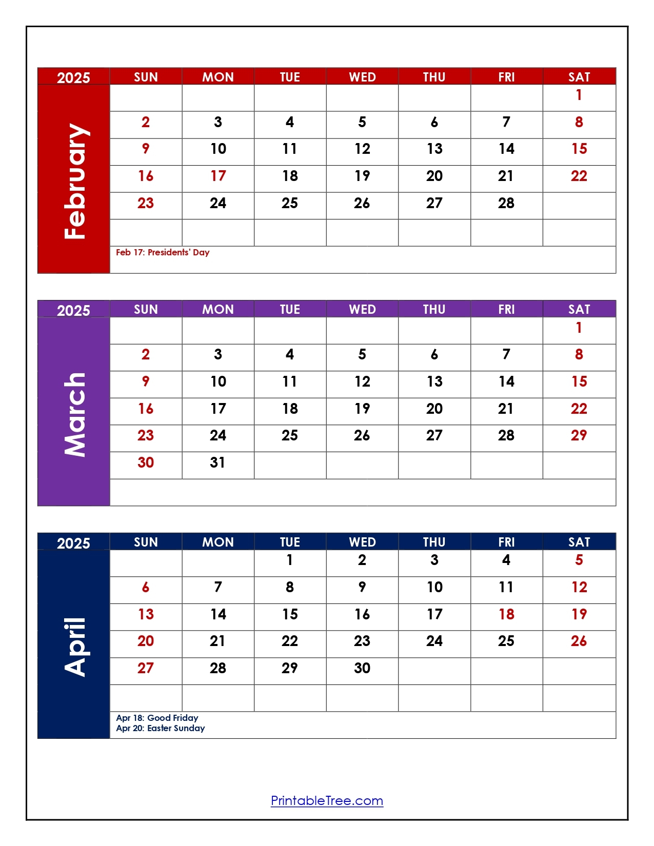 February To April 2025 Calendar Printable PDF Three Months Calendar