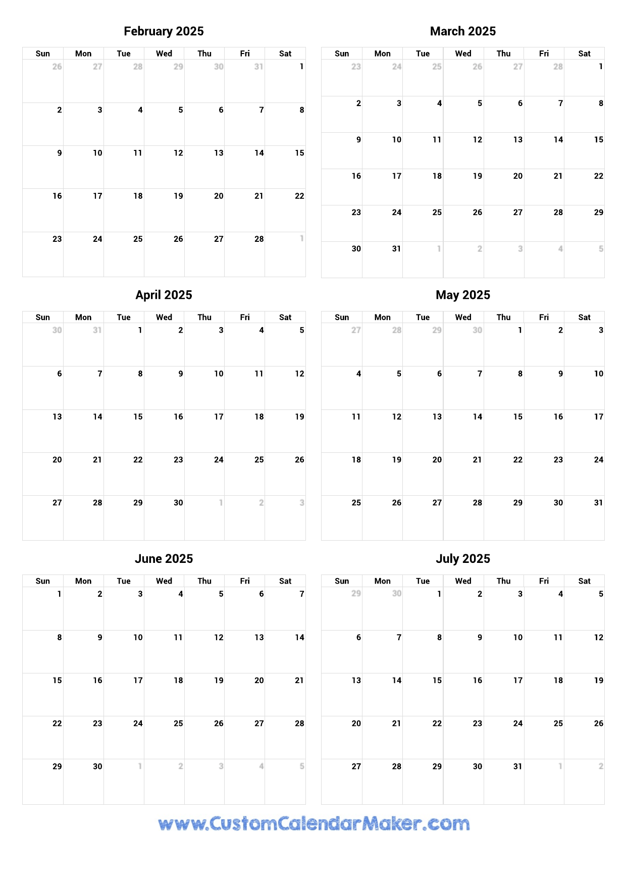February To July 2025 Printable Calendar Custom Calendar Maker